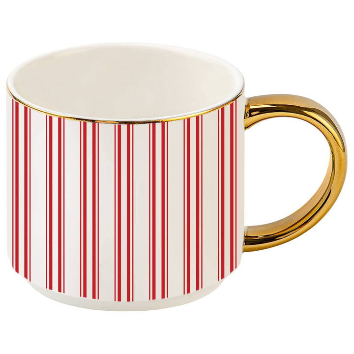 A white ceramic mug with vertical red stripes and a shiny gold handle and rim, shown on a plain white background.