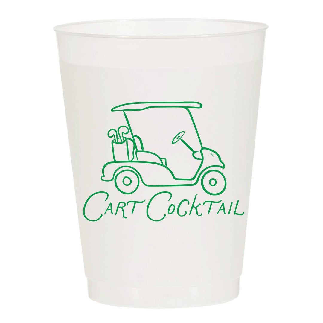 White plastic cup with green golf cart design and 'Cart Cocktail' text on a white background