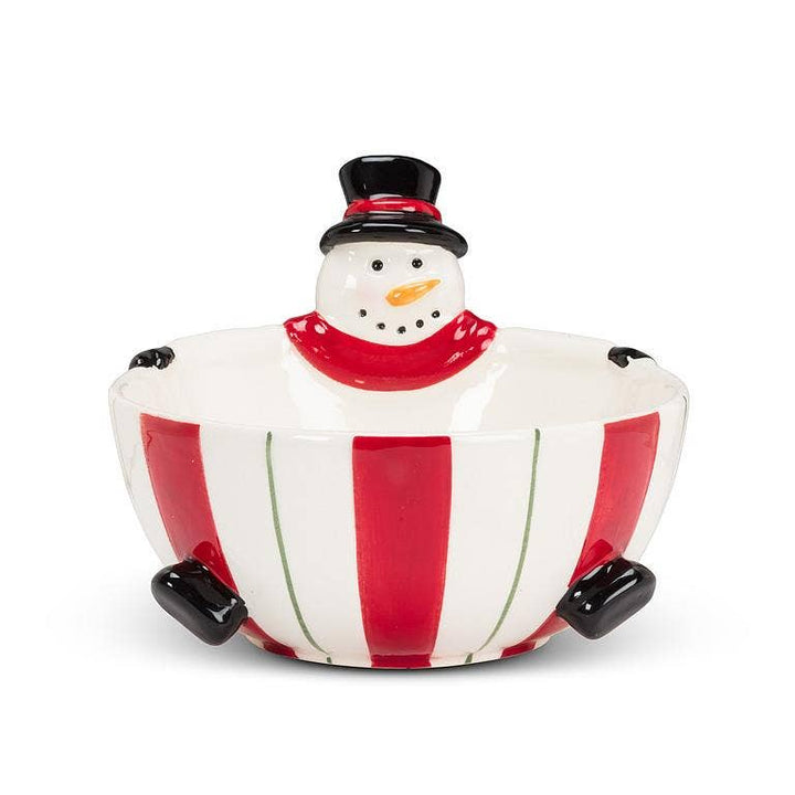 A ceramic snowman bowl with a red and white striped body, black feet and hat, and a red scarf, shown on a plain white background.