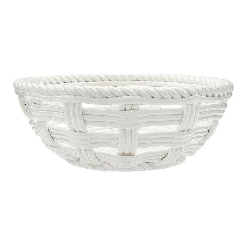 A white woven basket with a thick, twisted rope trim along the rim, shown against a plain white background.