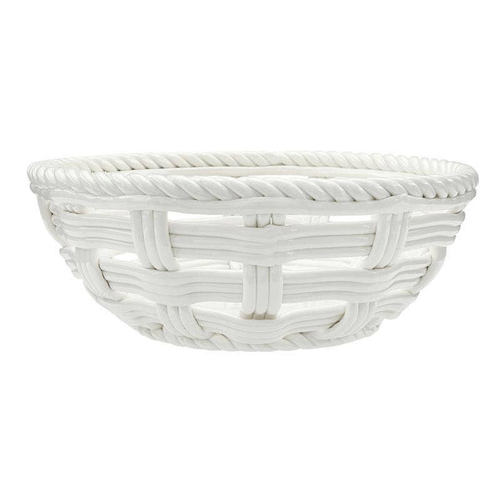 A white woven basket with a thick, twisted rope trim along the rim, shown against a plain white background.