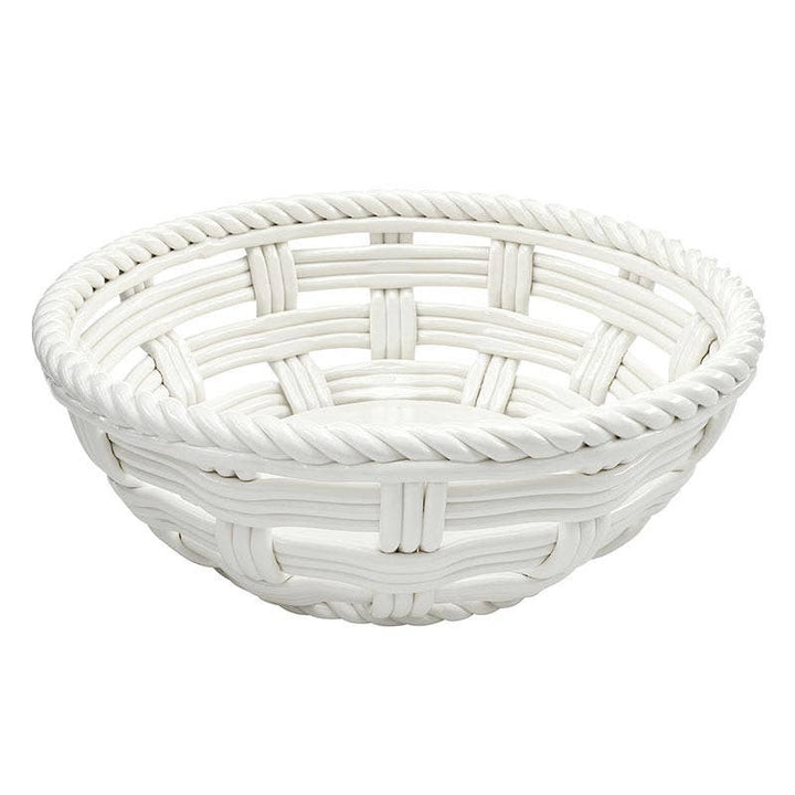 A white woven basket with a thick braided rope trim around the rim, shown on a plain white background.