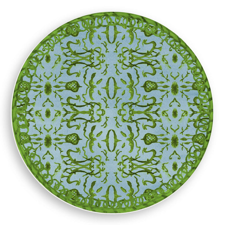 Decorative placemat with green and blue pattern on a white background
