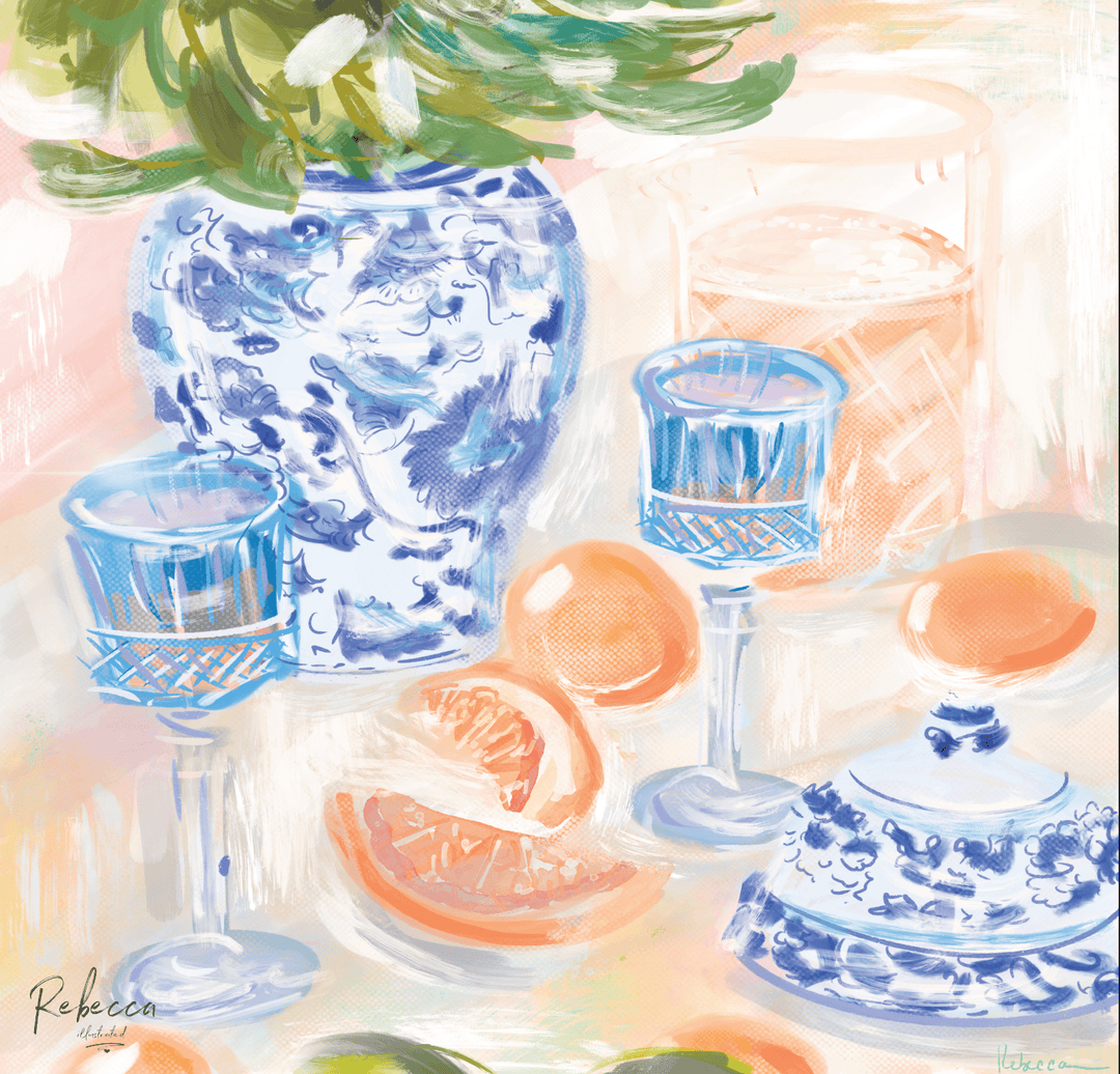 Mahjong mat with still life with chinoiserie vase, wine glasses and oranges on a colorful background.