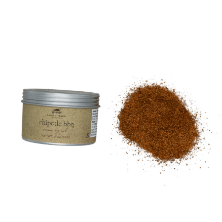 Tin of chipotle bbq rub on white background.