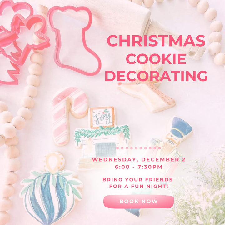 Promotional graphic for a Christmas cookie decorating event, featuring pink text on a light pink background with cookie cutters, decorated cookies, and wooden beads.