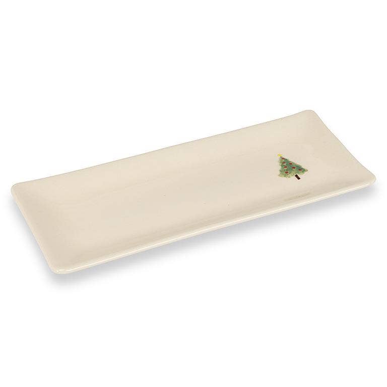 Rectangular ceramic tray with a Christmas tree design on a white background