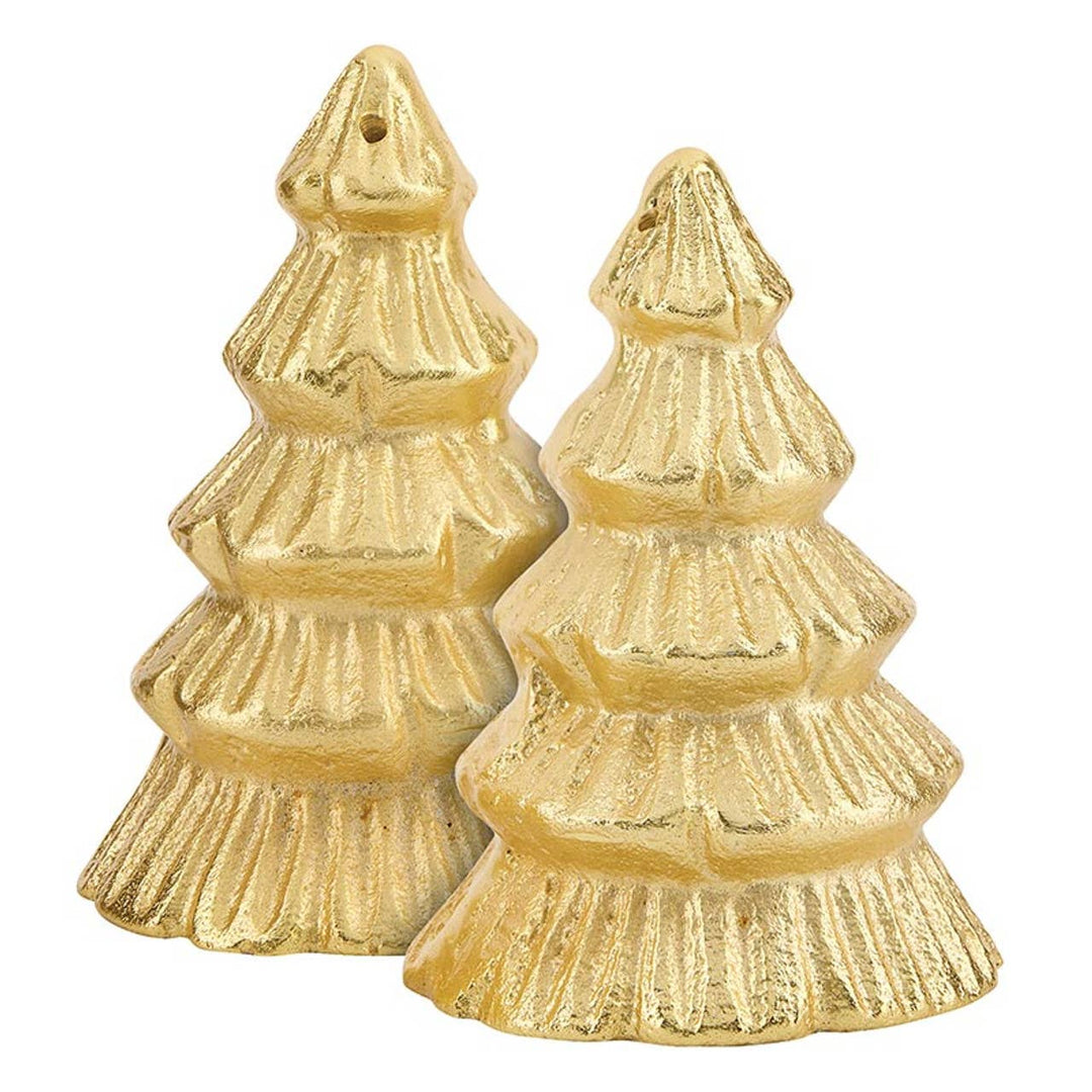 Two gold Christmas tree-shaped ornaments on a white background