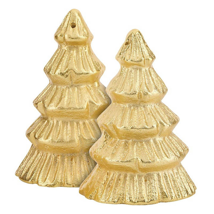 Two gold Christmas tree-shaped ornaments on a white background