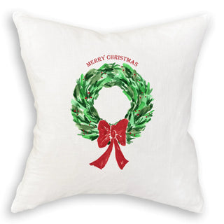 Pre-washed linen pillow case with a 90/10 feather down insert custom printed to order with our original artwork. Care: machine wash, tumble low heat or line dry.  Christmas Wreath: 22" x 22"