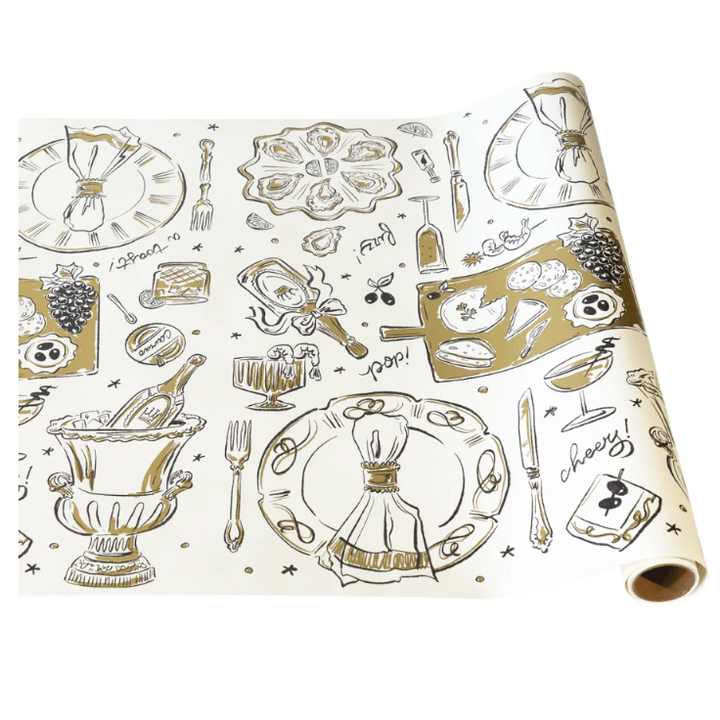 Roll of paper with gold and black dinner party illustrations on a white background
