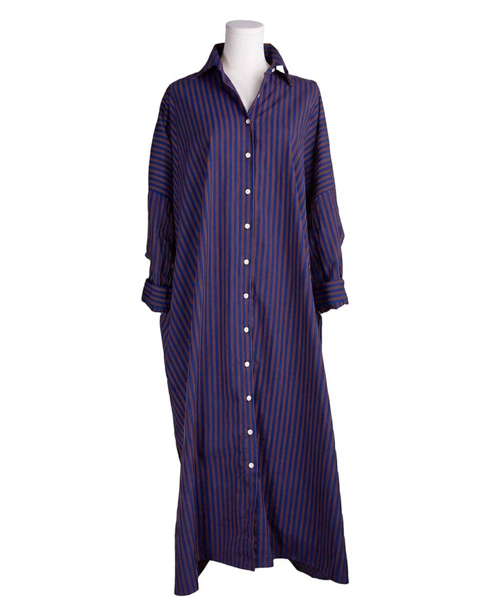 A long-sleeve button-front maxi shirt dress with vertical stripes, displayed on a white mannequin torso against a plain white background.