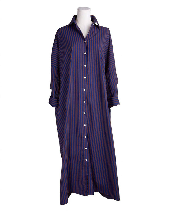 A long-sleeve button-front maxi shirt dress with vertical stripes, displayed on a white mannequin torso against a plain white background.