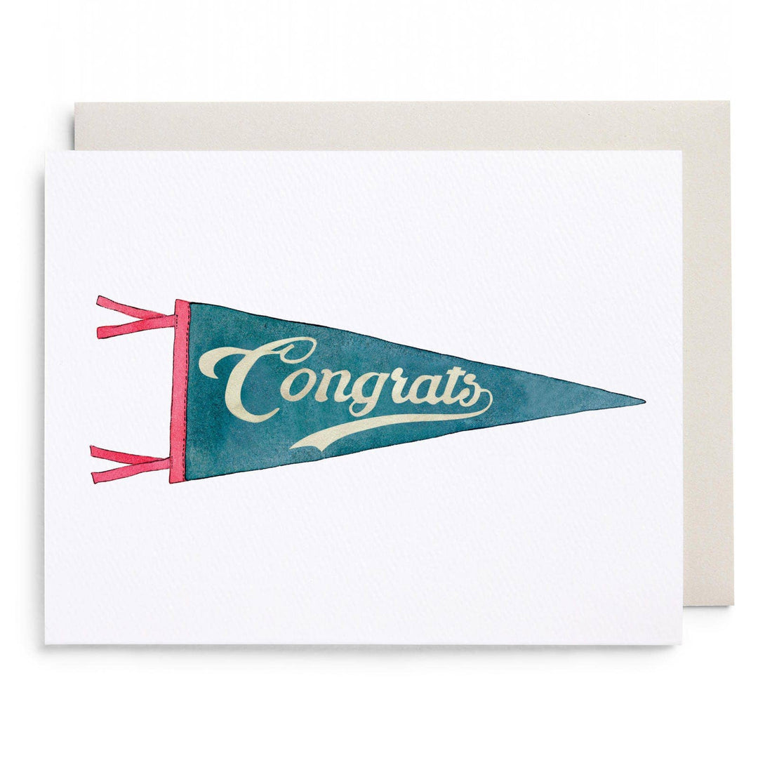 Greeting card with a teal and pink pennant design and 'Congrats' text on a white background.