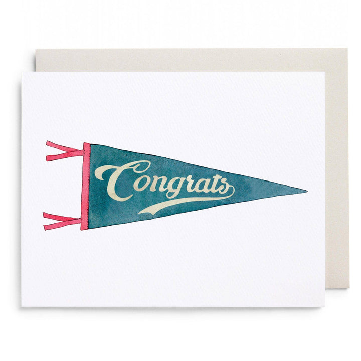 Greeting card with a teal and pink pennant design and 'Congrats' text on a white background.