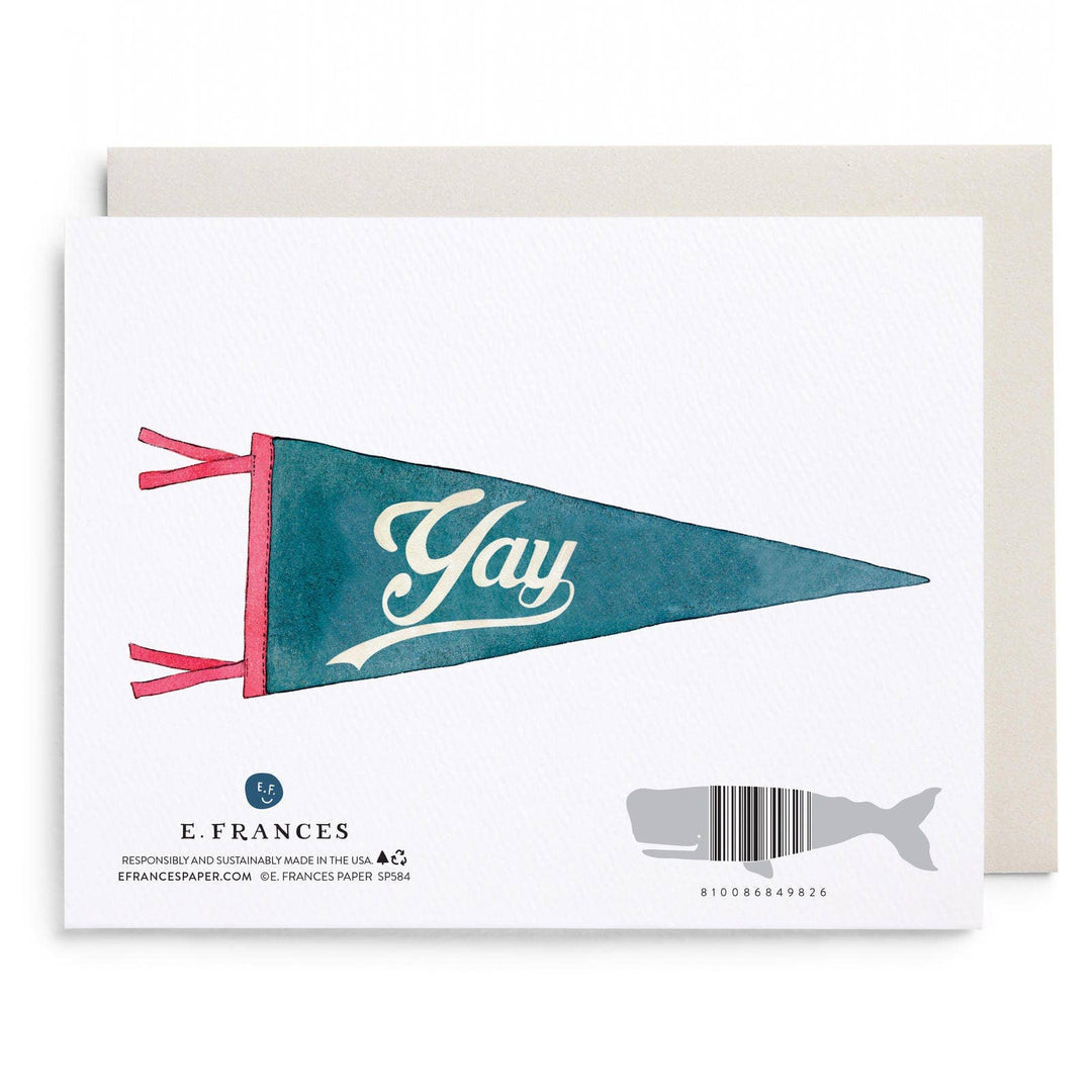 Card with a teal and pink 'gay' pennant and E. Frances branding.