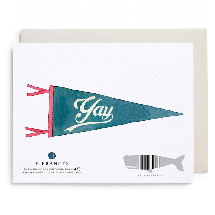 Card with a teal and pink 'gay' pennant and E. Frances branding.