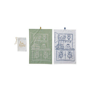 Cotton Slub Printed Tea Towels w/ Cottage Kitchen Scene & Loops, 2 Colors, Set of 2 in Printed Drawstring Bag