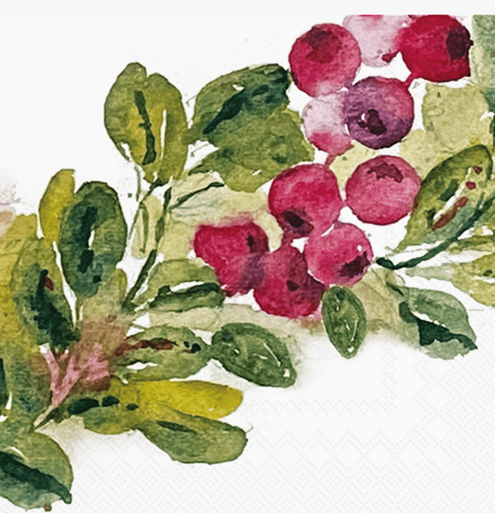 Watercolor painting of a berry branch with green leaves and clusters of pinkish-red berries on a white background.