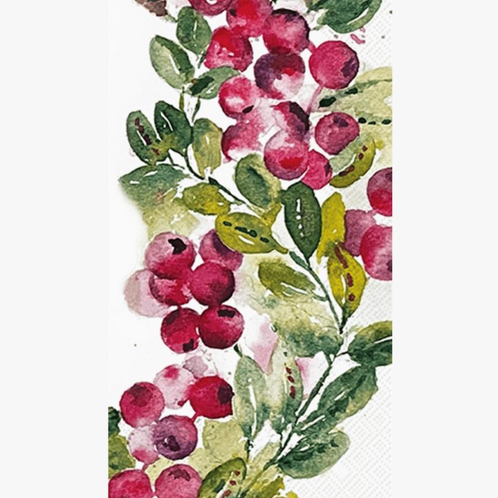 A vertical watercolor-style botanical print featuring clusters of red berries and green leaves on a white background.