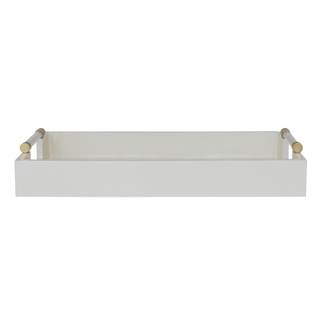 White lacquered tray with gold accents on a white background