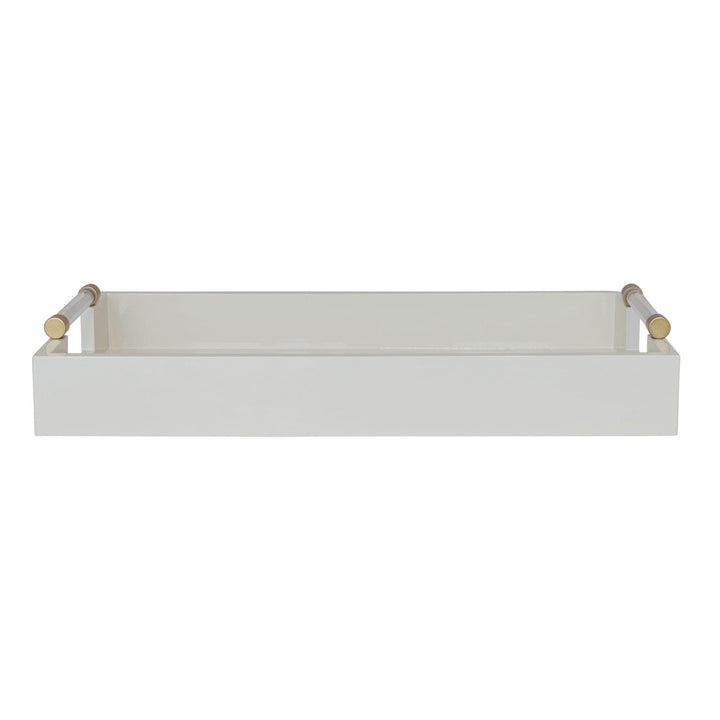 White lacquered tray with gold accents on a white background