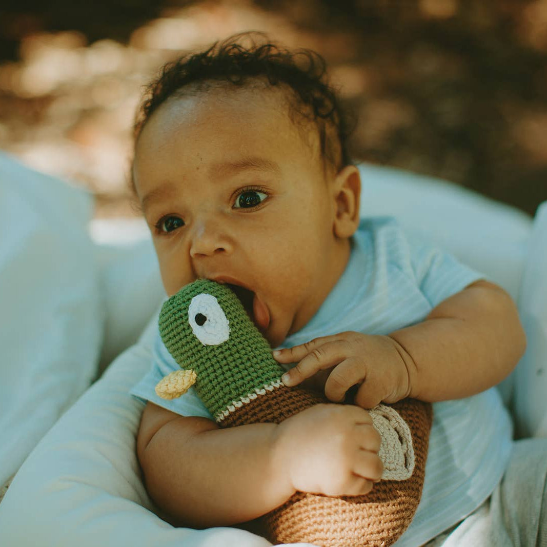 Baby holding a green toy with a blurred natural background