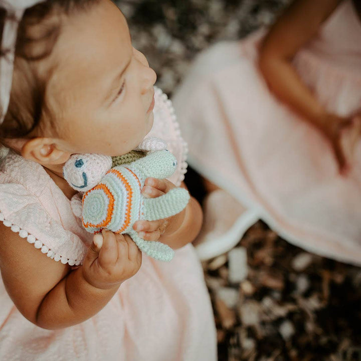 Baby holding a crocheted turtle toy with a blurred background