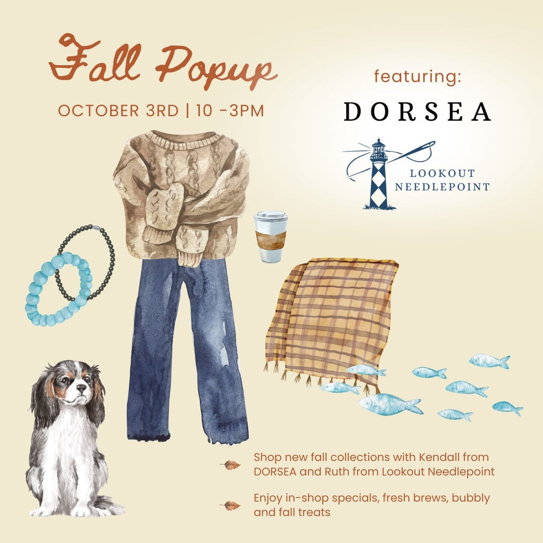 A promotional fall outfit collage on a warm cream background. The central styled look shows a beige knit sweater, blue jeans, and a tan-and-brown plaid scarf, with additional accessories including blue beaded jewelry, a coffee cup, a dog portrait, and fish illustrations.