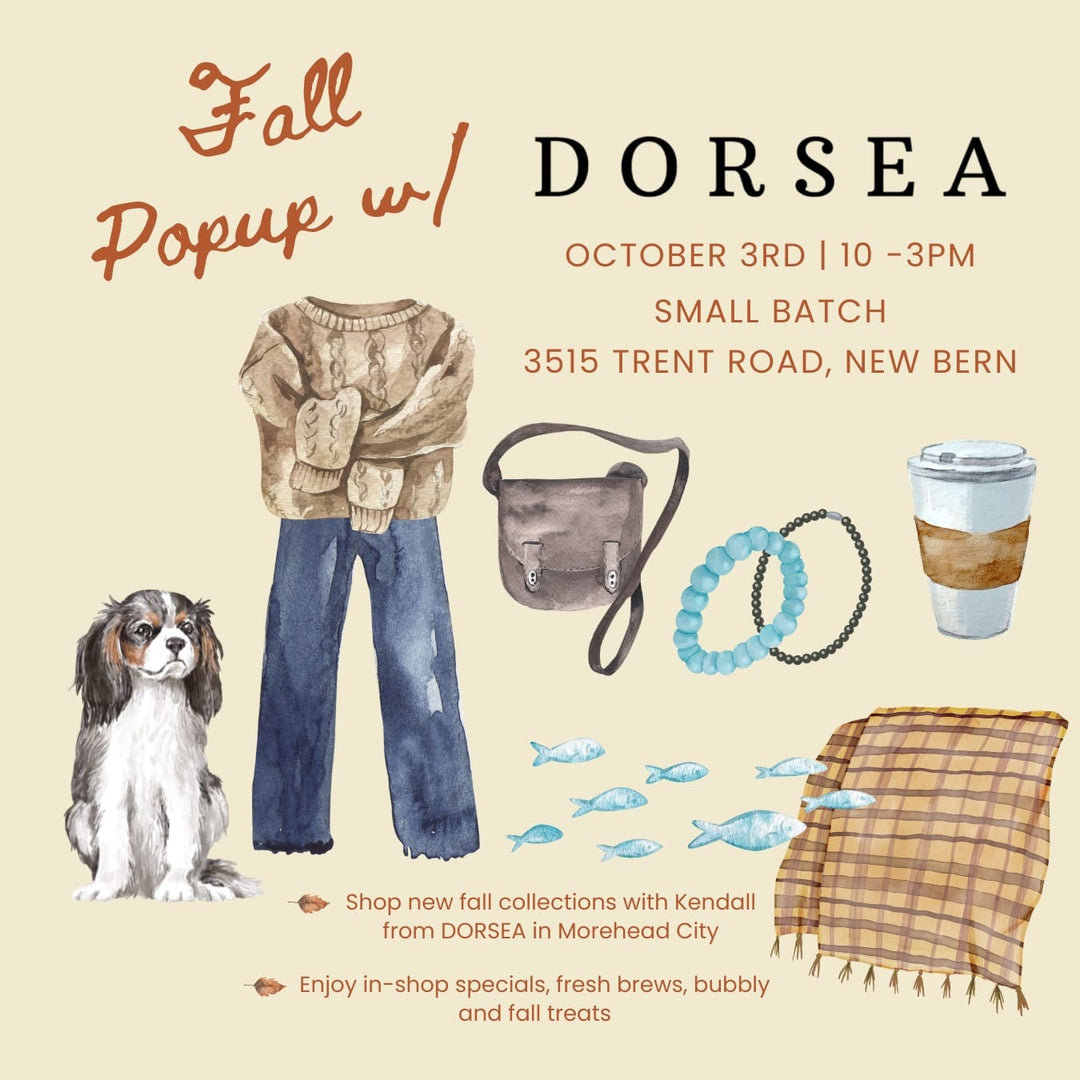 A fall-themed promotional graphic for DORSEA, featuring illustrated clothing items including a beige knit sweater, blue jeans, a taupe shoulder bag, a light blue beaded bracelet, a coffee cup, a dog portrait, blue fish, and a tan plaid scarf on a warm beige background with text.