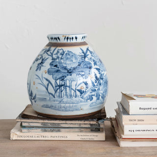 100% stoneware Decorative Stoneware Ginger Jar, Distressed Blue & White at 11" Round x 11"H 