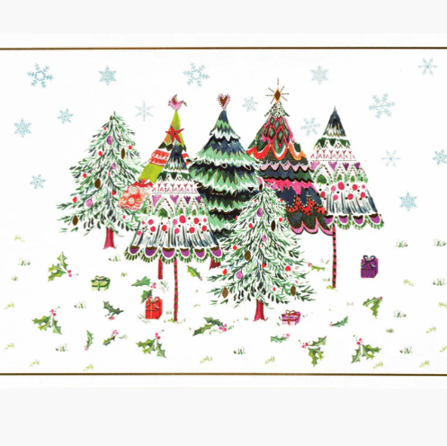 Colorful Christmas trees with decorative roofs on a white background
