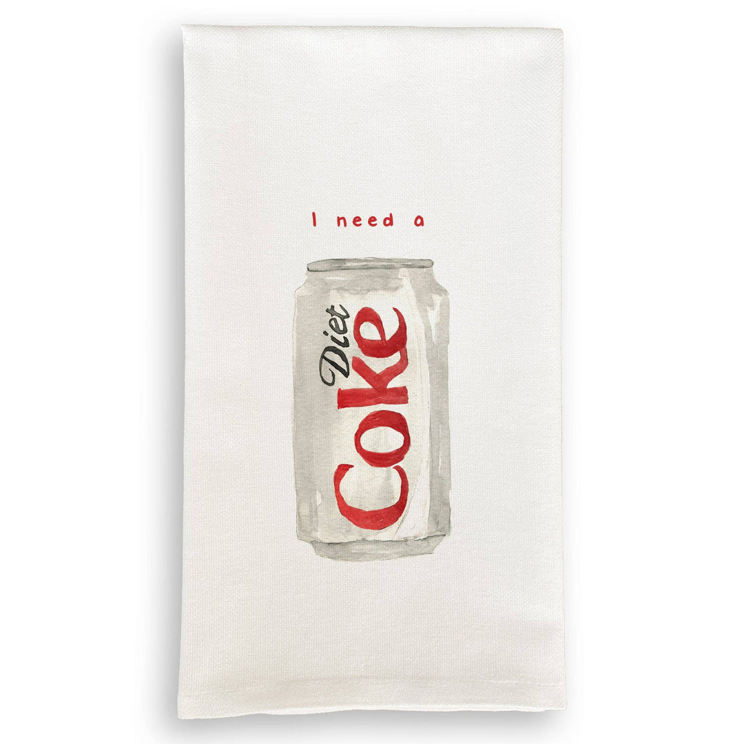 Dish towel with a graphic of a Diet Coke can and text 'I need a Diet Coke' on a white background