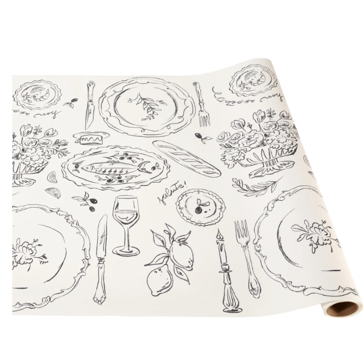 Roll of paper with black line art of dinnerware and food on a white background