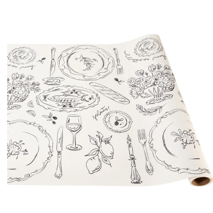 Roll of paper with black line art of dinnerware and food on a white background