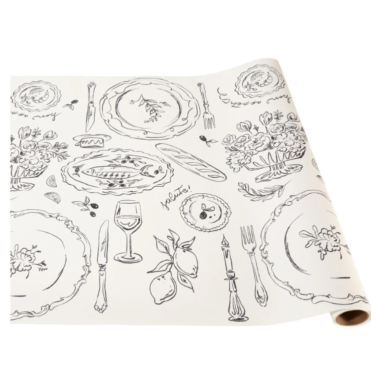 Roll of paper with black line art of dinnerware and food on a white background