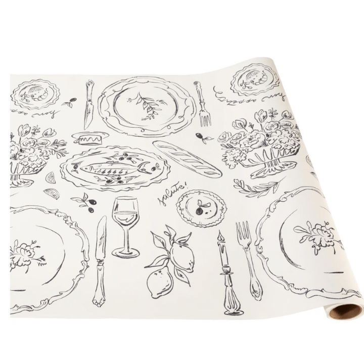 Roll of paper with black line art of dinnerware and food on a white background