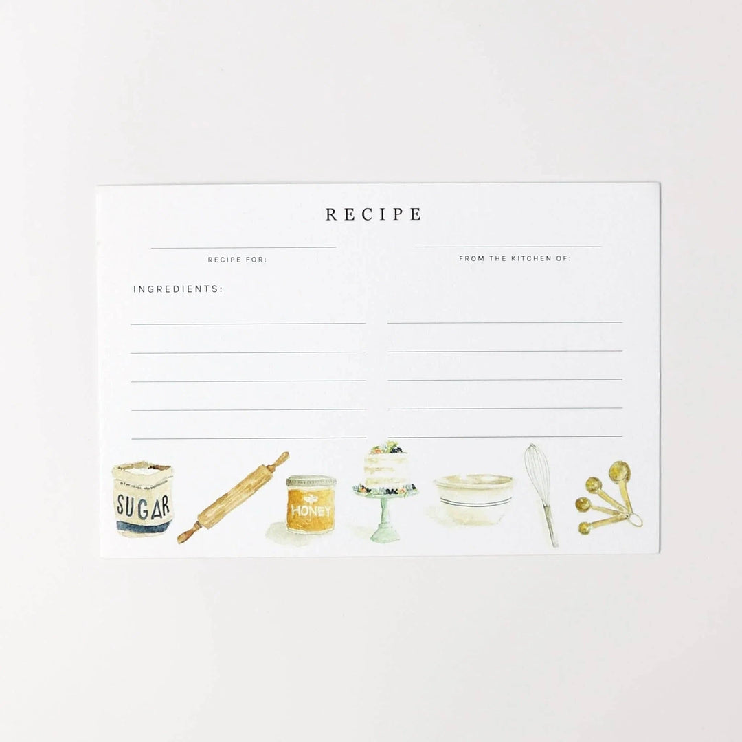Image with recipe card design featuring kitchen utensils and ingredients on a white background