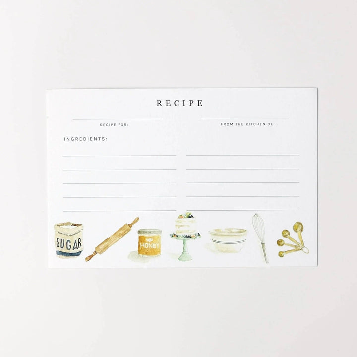Image with recipe card design featuring kitchen utensils and ingredients on a white background