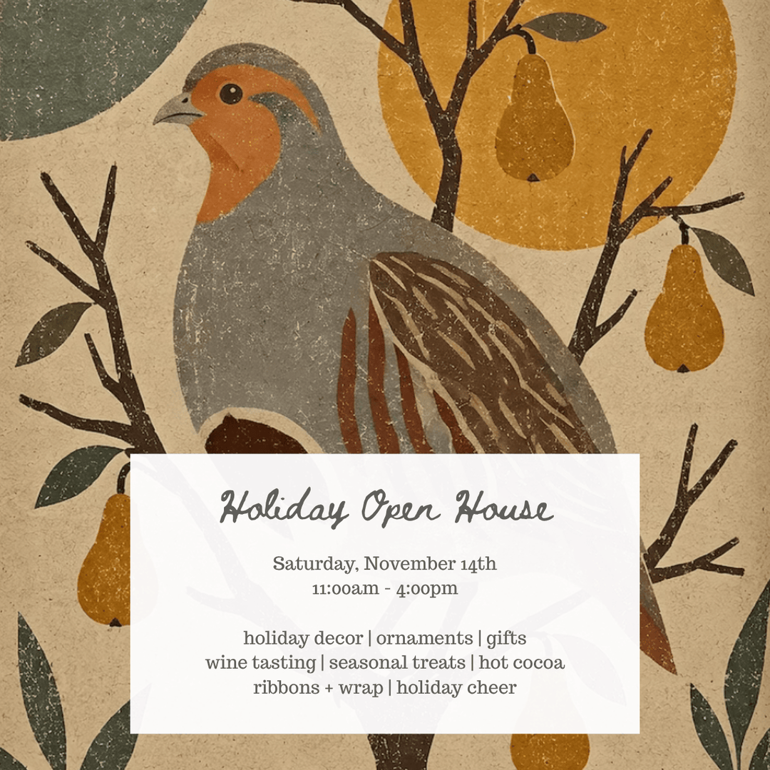 A square promotional graphic with a vintage-style bird illustration in gray, orange, brown, and muted green on a beige textured background, overlaid with a white text box reading 'Holiday Open House' and event details for Saturday, November 14th.