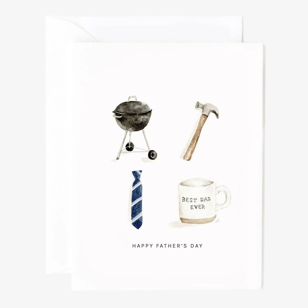 Father's Day card with grill, hammer, tie, mug, and text on a white background