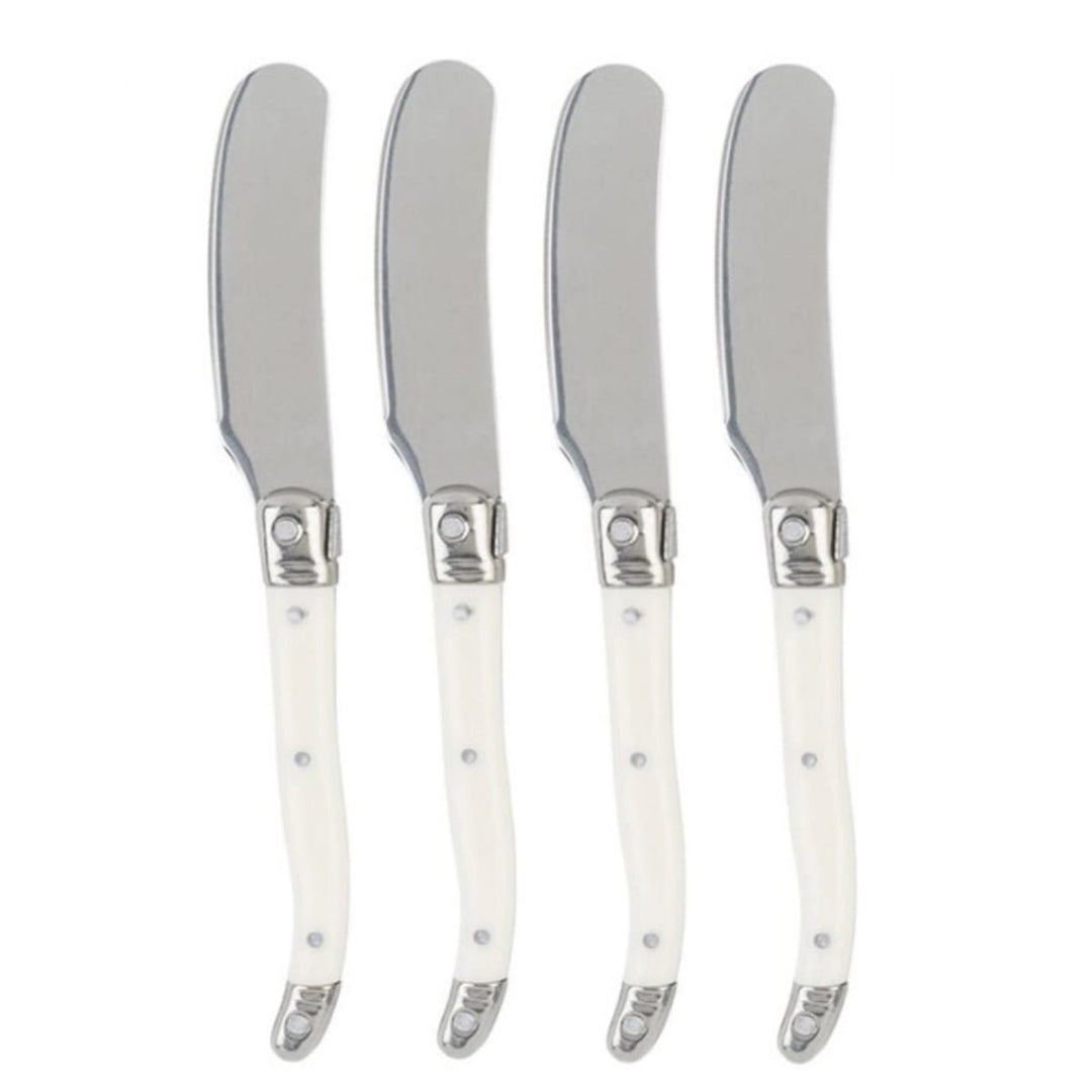 Four matching dessert or spread knives with silver metal blades and white handles, arranged side by side on a plain white background.