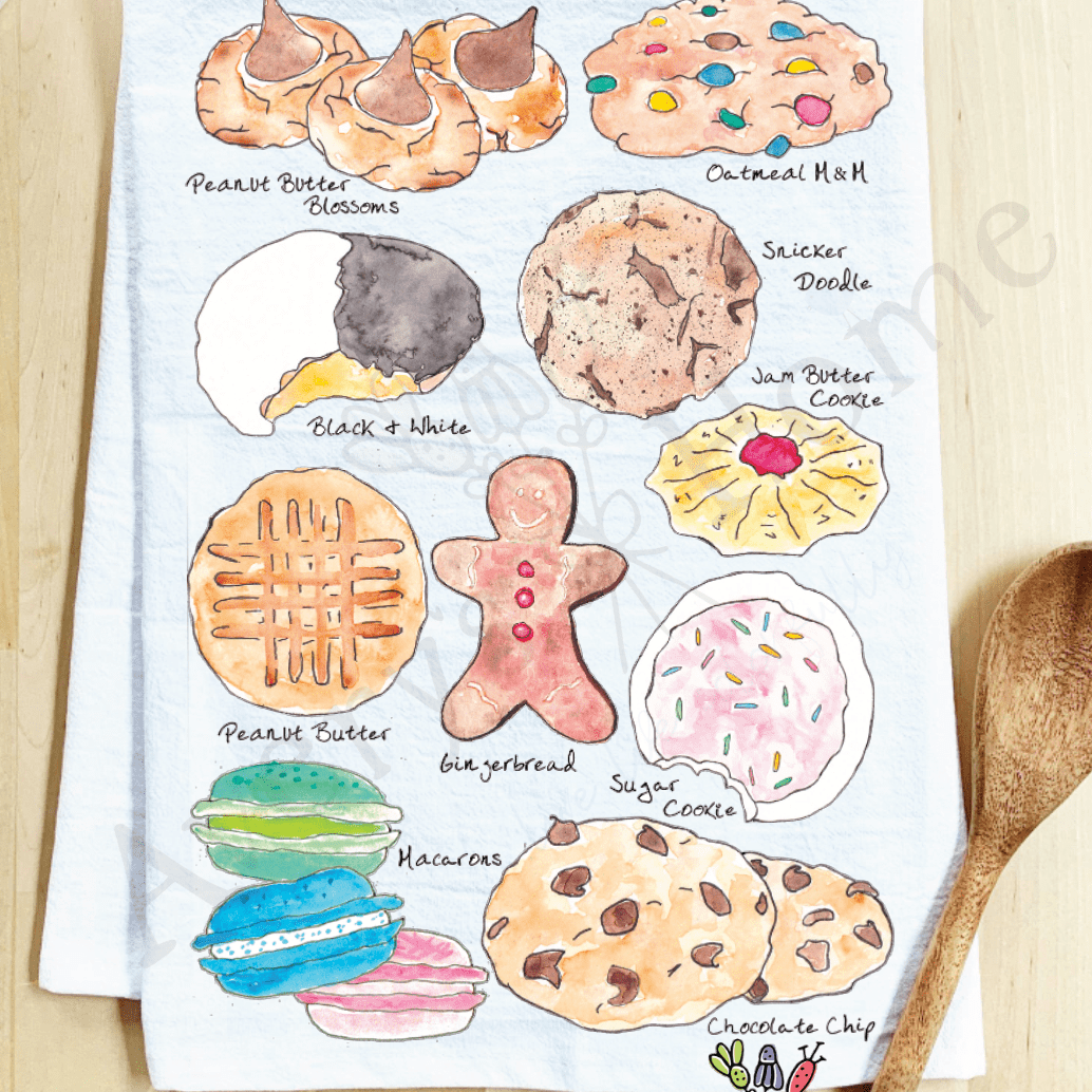 Tea towel with illustrations of various cookies and treats, branded 'Avery's Home'.