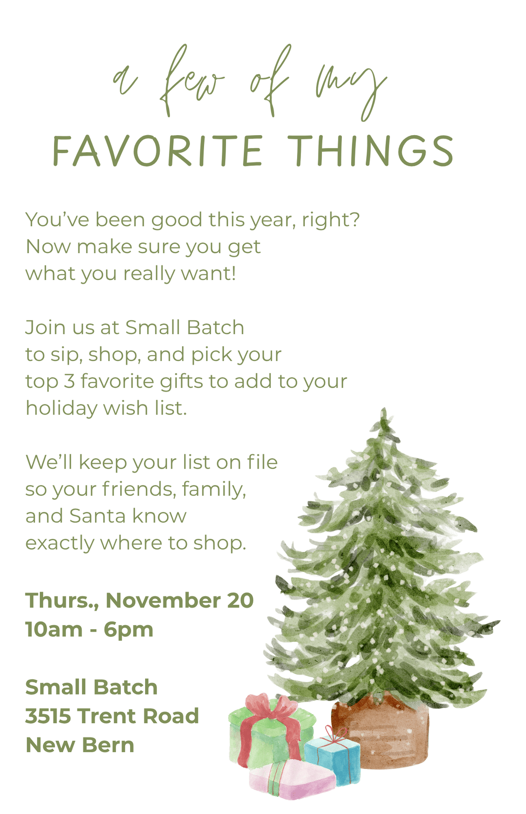 Promotional flyer for a holiday event with a small Christmas tree and presents on a white background.