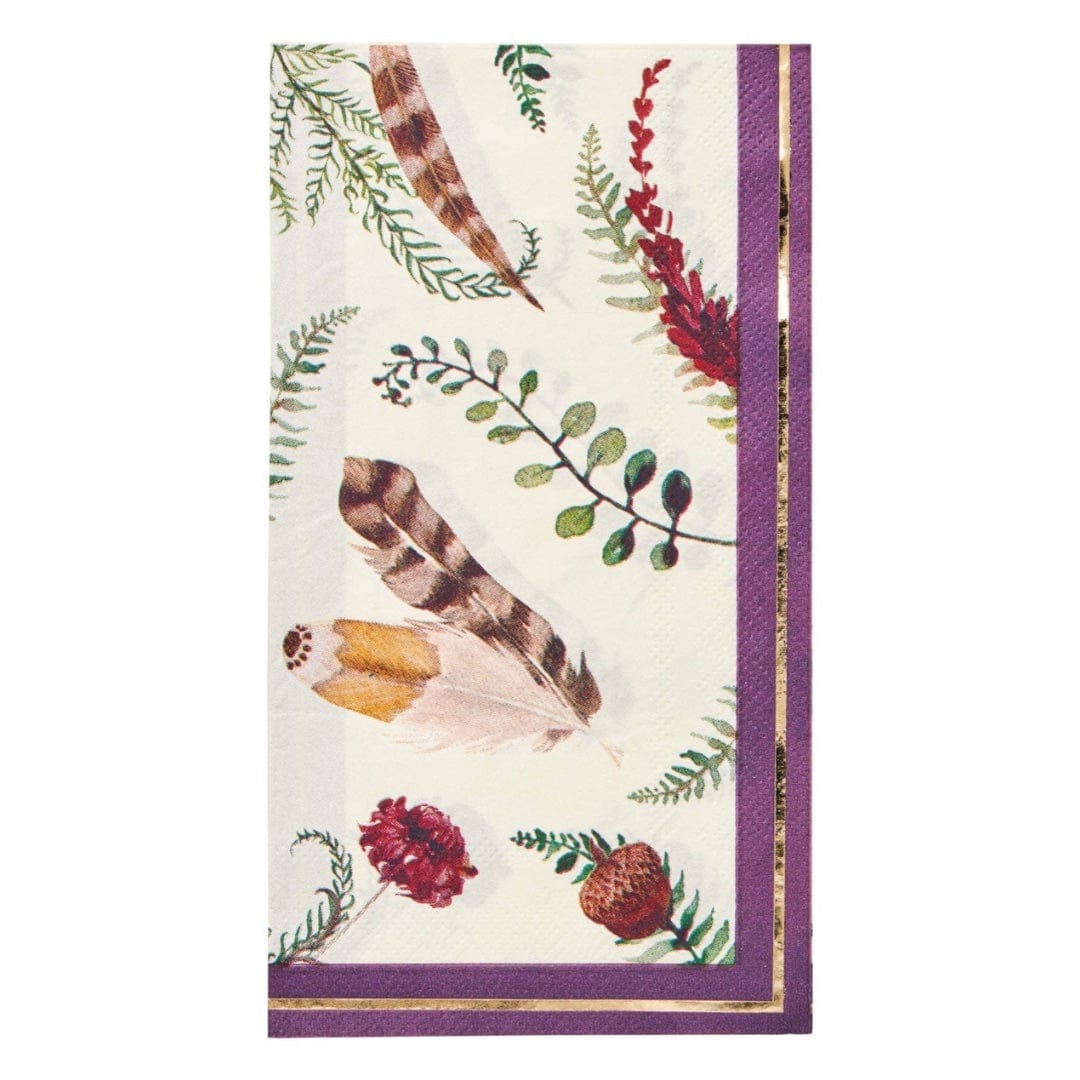Decorative paper napkin with feathers and floral designs on a white background