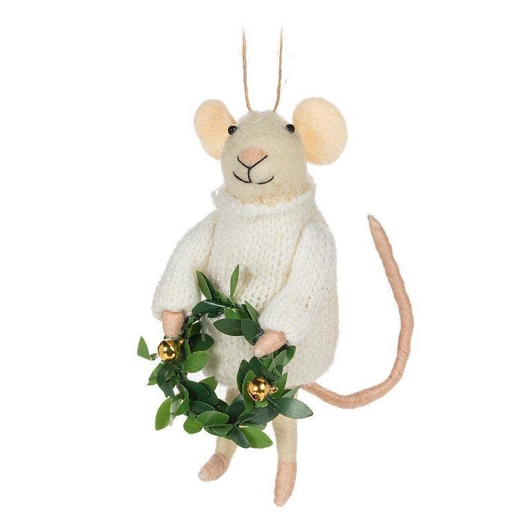A felt Christmas ornament shaped like a mouse wearing a cream knit sweater and holding a green leafy wreath with small gold bells, shown on a plain white background.
