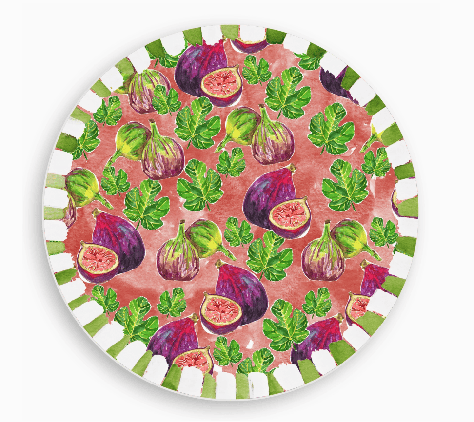 Round plate with fig pattern on a white background