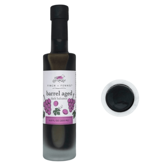 Bottle of Finch + Fennel barrel aged dark balsamic on a white background