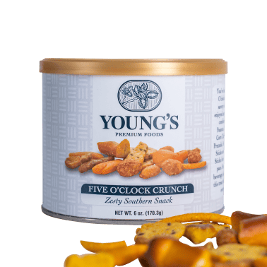 Can of Young's Five O'Clock Crunch pet food with snacks displayed in front on a white background