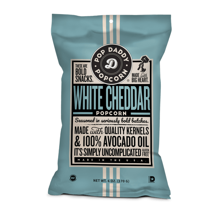 Pop Daddy Popcorn white cheddar popcorn bag on a white background
